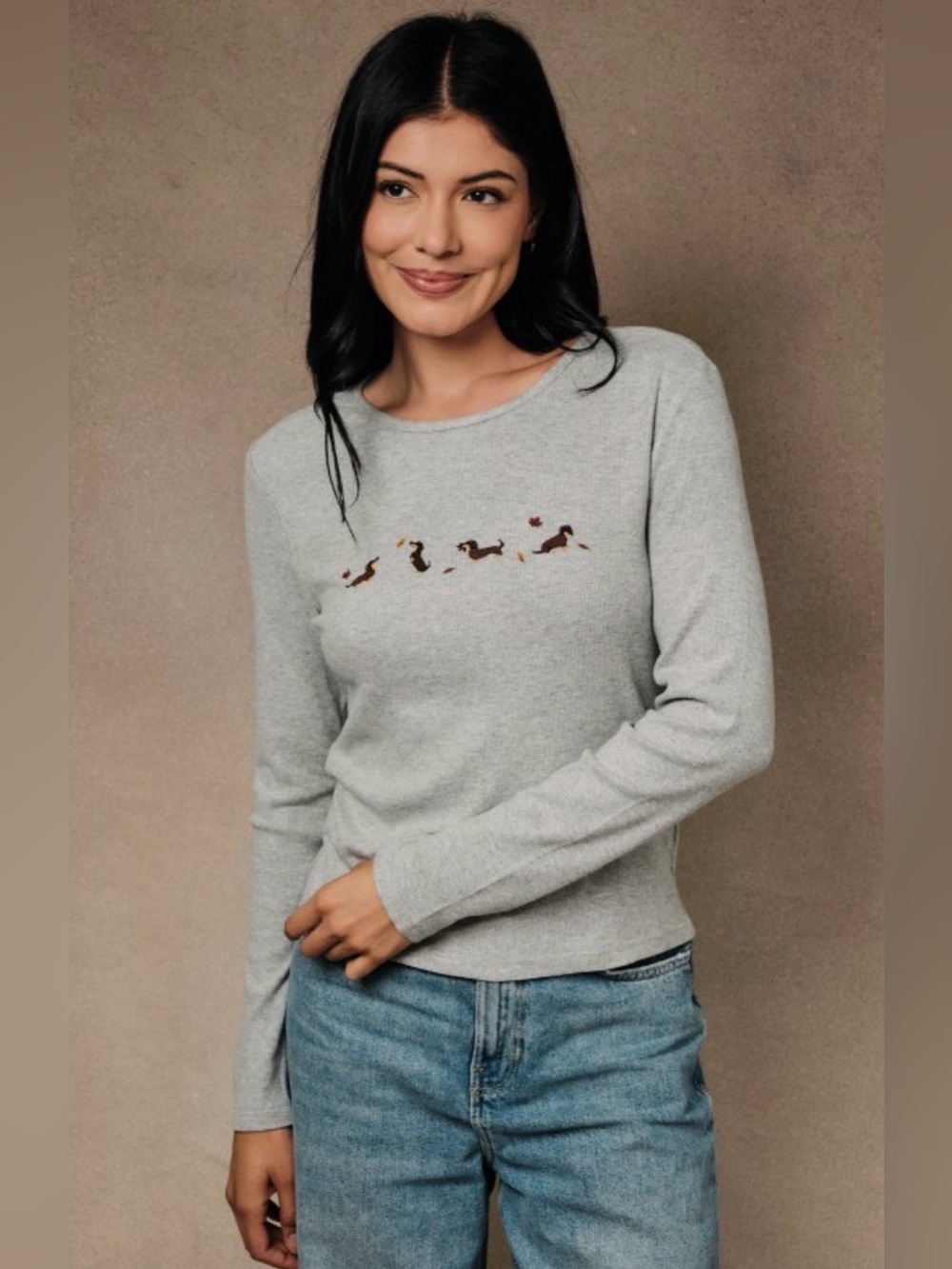 Light Gray dog Embroidered Crewneck Top